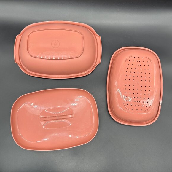 Vintage Tupperware Oval Microwave Steamer 6 Cups Dusty Rose Pink USA 90s 1273-5 - Picture 4 of 12